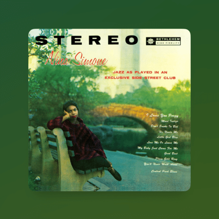 The cover of Nina Simone's debut album featuring Nina leaning on a bench in front of a bridge