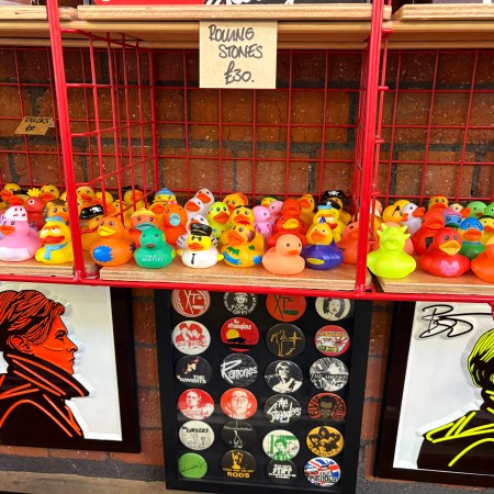 A number of tiny plastic ducks, styled to look like cultural figures, behind some artworks of David Bowie.
