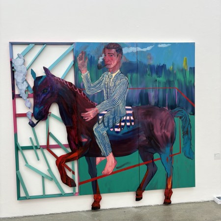 A painting by the artist Dan Brodie, of a man on a horse, with the horse uncontained by the frame of the painting. Both man and horse are smoking pipes